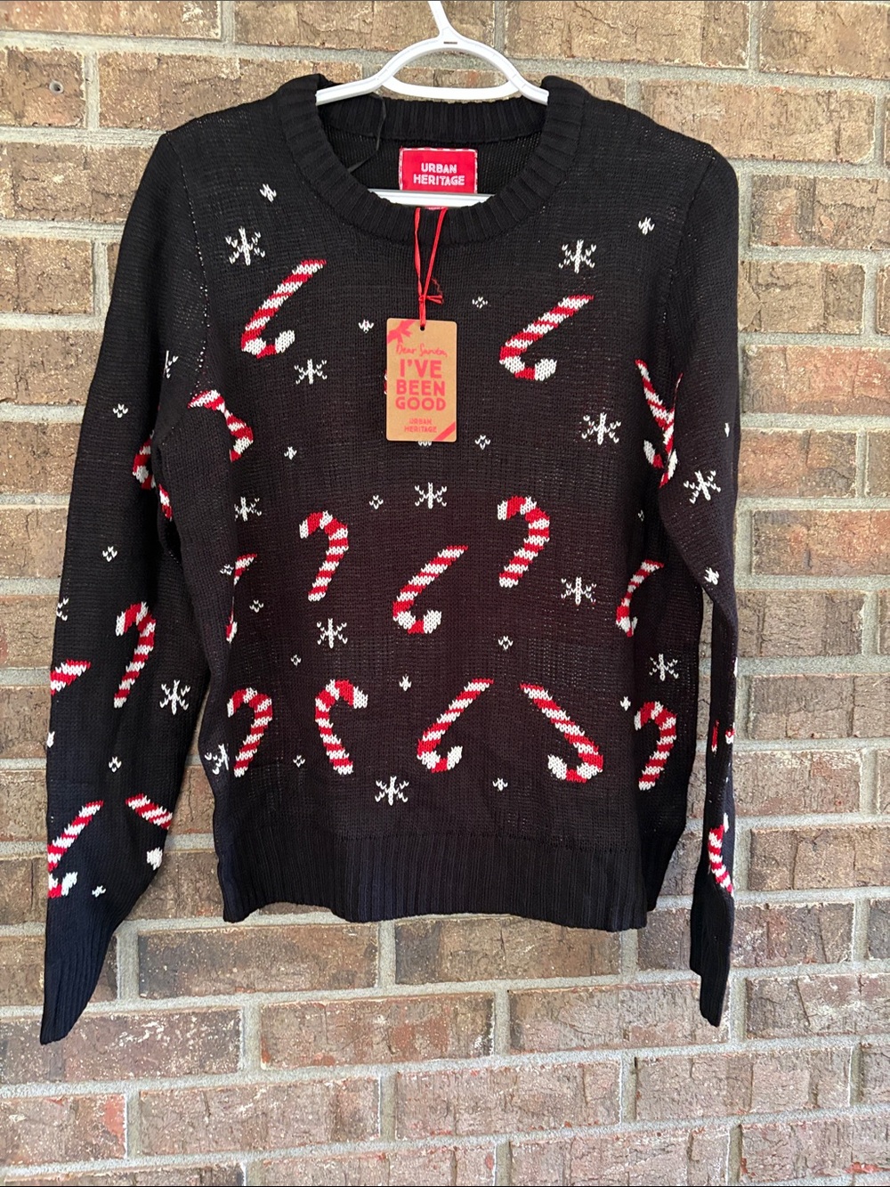 Urban Heritage Black Crewneck Sweater with Red & White Candy Cane Motif